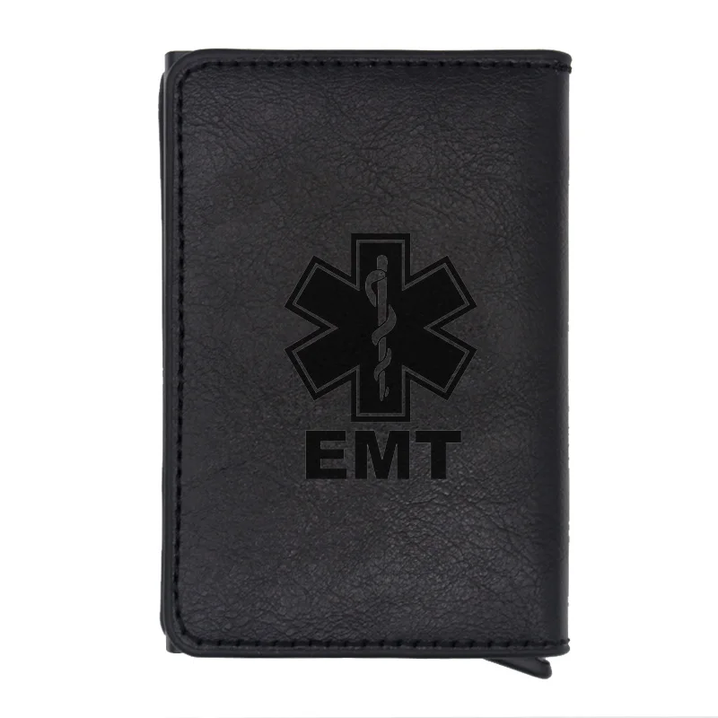 Классический черный EMT аварийный медицинский техник Rfid держатель для карт мужские кошельки винтажные короткие кожаные тонкие маленькие кошельки - Цвет: Black