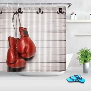 

Red Boxing Gloves Shower Curtain Sports Theme Rustic Barn Wood Bathroom Curtains with Hooks, Waterproof Polyester Fabric