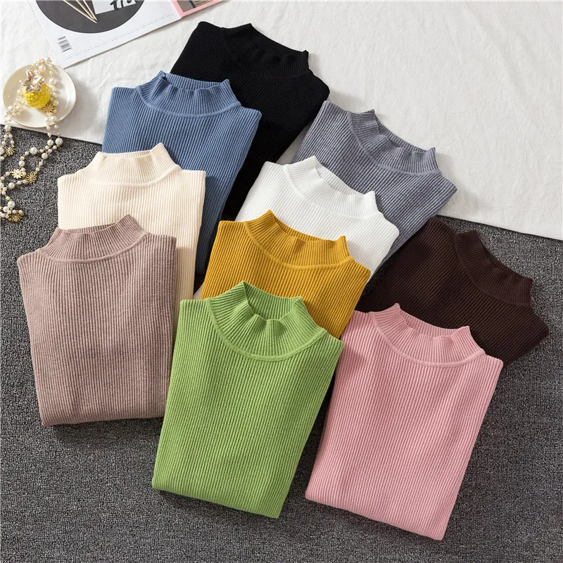 2019 Autumn Winter Women Knit Sweater Tops High Elastic Solid Half Turtleneck Sweaters Female Slim Casual Warm Knitted Pullovers | Женская