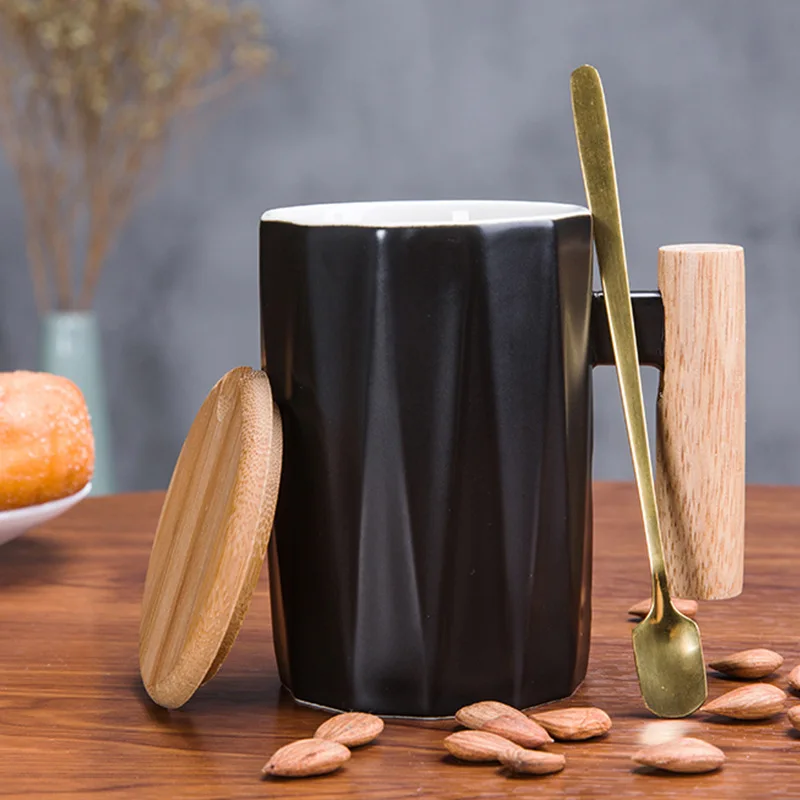 

Pure Color Nordic Style Mug Creative Office Water Cup With Lid Spoon Milk Coffee Cup Wooden Handle Ceramic Mug