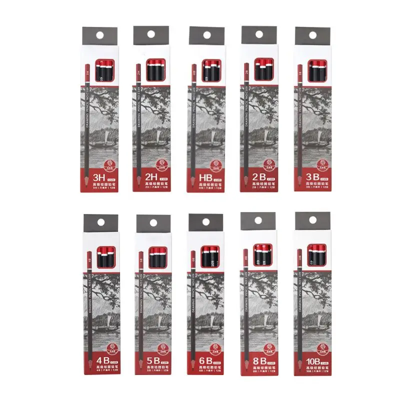 

12pcs/box Graphite Pencil Sketch Drawing Writing 2H HB 2B 3B 3H 4B 5B 6B 8B 10B G8TA