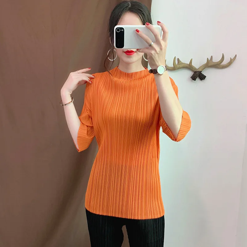 

LANMREM Orange Stand Collar Cropped Sleeves Pleated Loose Plus Woman T-shirt Casual Wild Simple Fashion 2019 Autumn New TV736