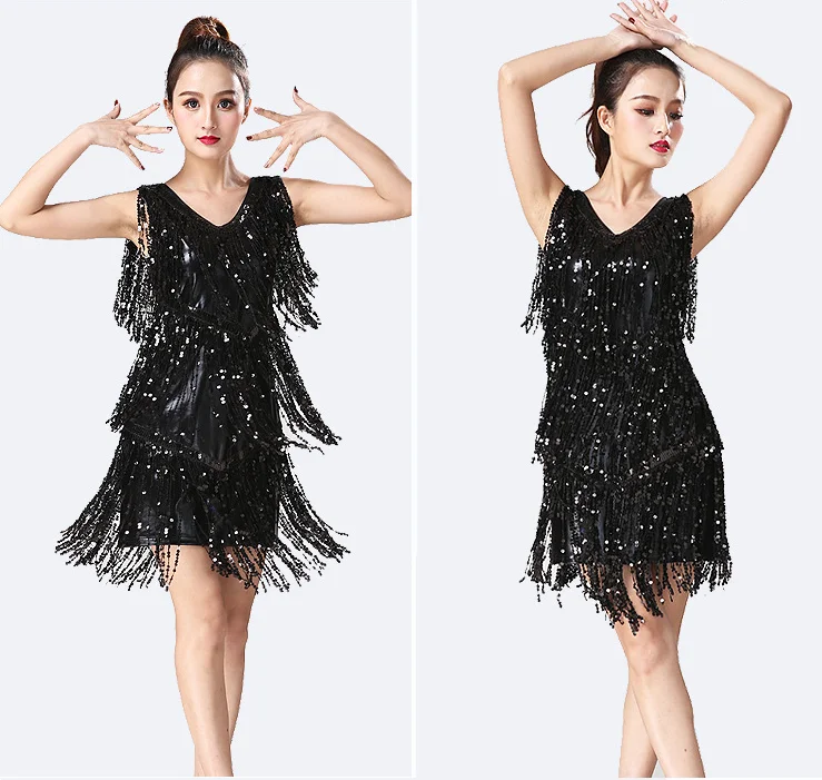 black silver Одежда для латинских танцев для взрослых и женщин, Золотое платье с блестками и кисточками, латинское платье для танцев, юбки - Цвет: black silver