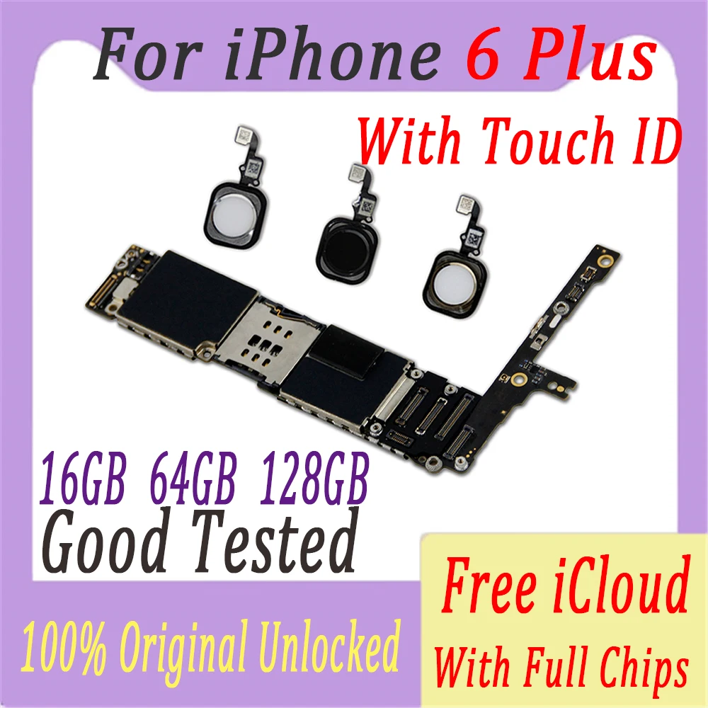 Бесплатный iCloud для iPhone 6 Plus, оригинальная разблокированная материнская плата, 16 ГБ/64 Гб/128 ГБ, для iPhone 6 P, панель с логической платой touch ID
