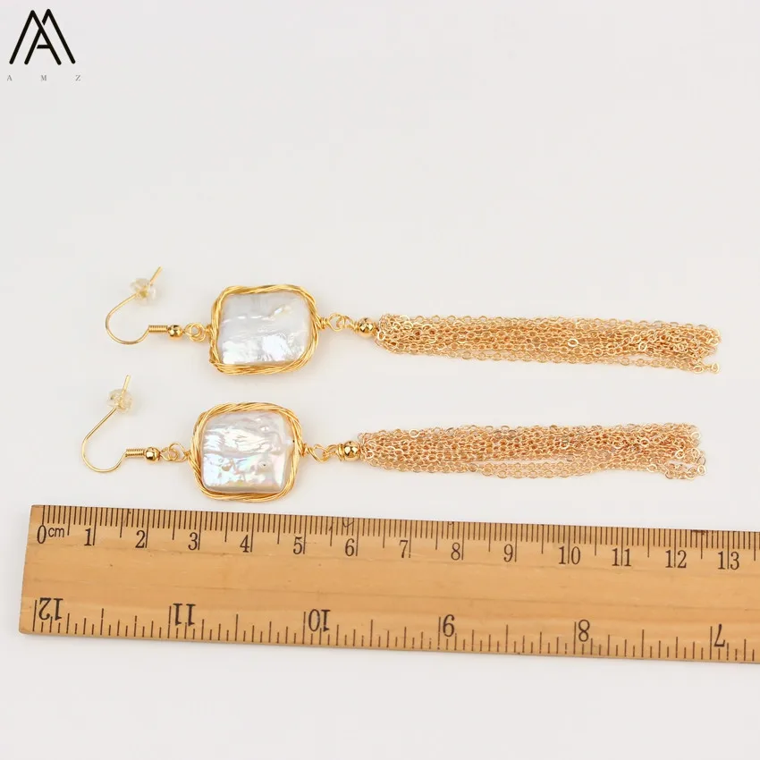 Square Shape Baroque Pearl Gold Chain Long Tassel Earring Dangle Earring For Lady Wedding Jewelry Earrings Gift TSMN-30