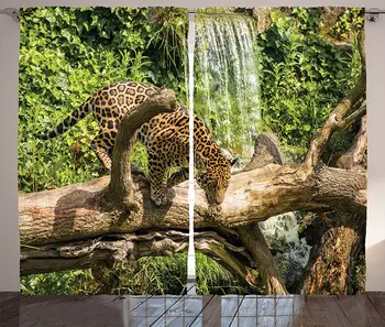 

Safari Window Curtains Jaguar Cat on Tree Trunk Waterfall Endangered Species Wild Life Fast Animal Living Room Bedroom Decor