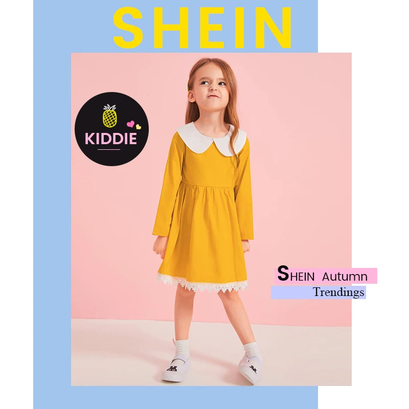 SHEIN/детское желтое кружевное милое платье с воротником в стиле Питера Пэна для маленьких девочек г. Осенние короткие платья в консервативном стиле с длинными рукавами и высокой талией