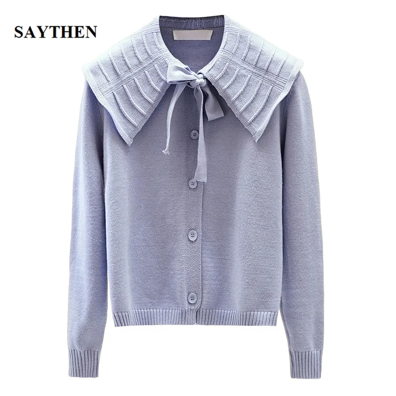 

saythen sweater women new Korean style sweet leaf collar doll collar long-sleeved knitted cardigan jacket women Autumn winter