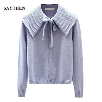 

saythen sweater women new Korean style sweet leaf collar doll collar long-sleeved knitted cardigan jacket women Autumn winter
