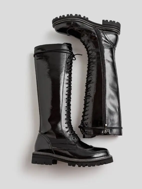 patent black Buono Scarpe/модные женские сапоги до колена; черные кожаные женские ботинки с перекрестной шнуровкой; обувь в байкерском стиле в стиле панк; повседневные женские сапоги; Mujer - Цвет: patent black