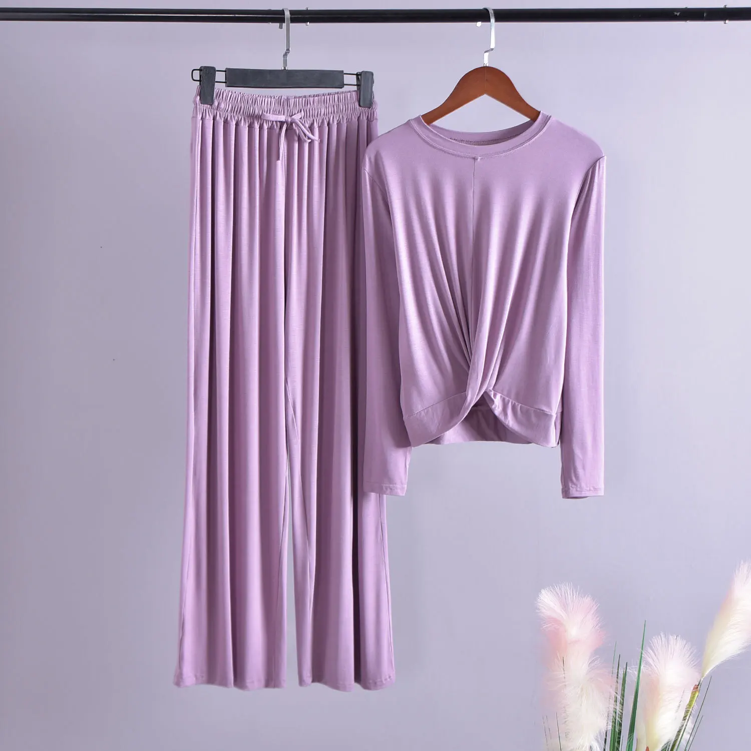 pink purple Новые женские костюмы, женский модальный комплект из двух предметов с круглым вырезом и длинными рукавами, широкие брюки, повседневный костюм, yogaclothing, комплект из 2 предметов - Цвет: pink purple