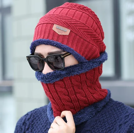 Red set Шеи теплые, вязаные шапки и шарфа комплект мех; подклад из шерсти толстые теплые вязаные шапочки, Балаклава зимние шляпы для мужчин и женщин, мужский Простый кожаный женская шапка черепки капота - Цвет: Red set