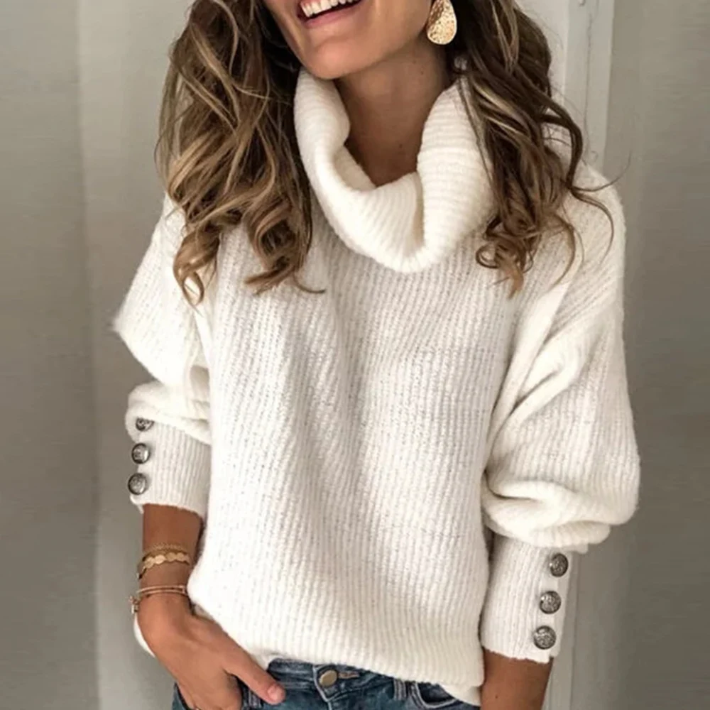 

2020 Autumn and Winter New Ladies Christmas Sweater Button Ladies Fashion Pullover Casual High Neck Solid Color Loose Pullover