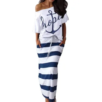 

Two Piece Set Women Hope Boat Anchor Print Top Shirts Striped Ankle-length Dress Sexy Off Shoulder Sets Dress Africa Clothing