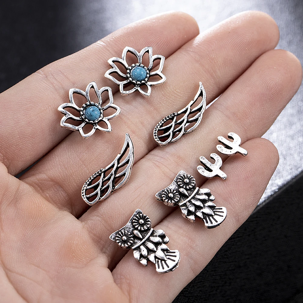 4 пар/компл. Для женщин богемные серебряные Винтаж серьги животных Сова с рисунком "Подсолнух" крылья серьги-гвоздики свадебное ювелирное изделие