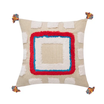 

Boho Style Handmade Pillow Cushion Cover Plush Blue Diamond with Cute Circle Moroccan Colorful Pillow Cover Home Decorations