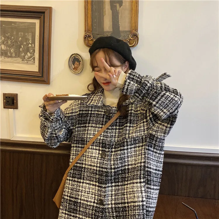 Heydress весеннее женское элегантное шерстяное пальто средней длины в клетку, женское свободное уличное зимнее толстое теплое повседневное пальто