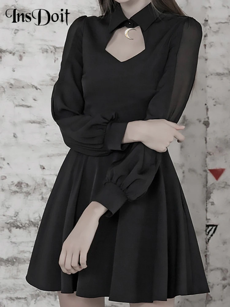 

InsDoit Gothic Long Sleeve Black Women's Dress Hollow Out Moon Accessories High Waist A-LINE Dresses Autumn Sexy Club Partywear