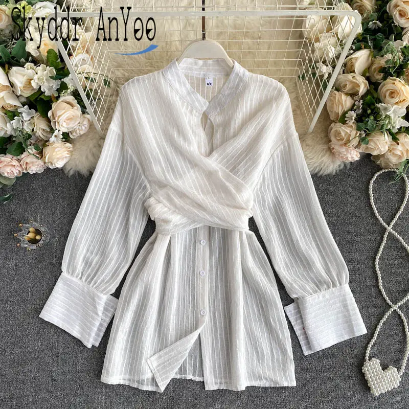 

Fall Blouse Women 2020 Long Sleeve Elegant Simple White Bandage Desigua Slim Blusas Chic Femme ShirtsTops Autumn Woman Blouses