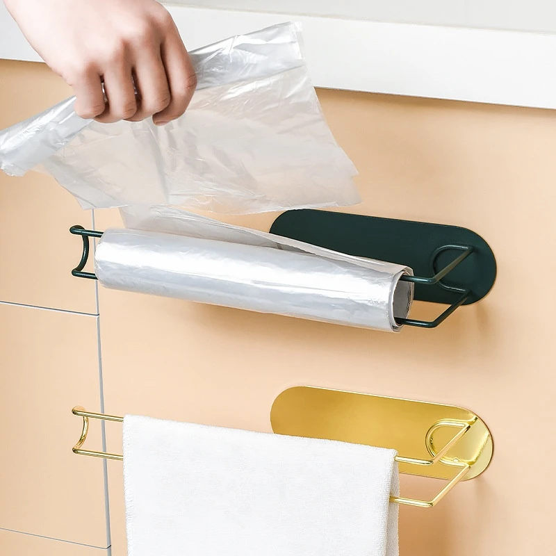 Soporte de toalla de papel de hierro dorado nórdico, estante de almacenamiento montado en la organizador del hogar, herramienta de cocina para papel de toalla, envoltura de plástico|Bastidores y soportes| -
