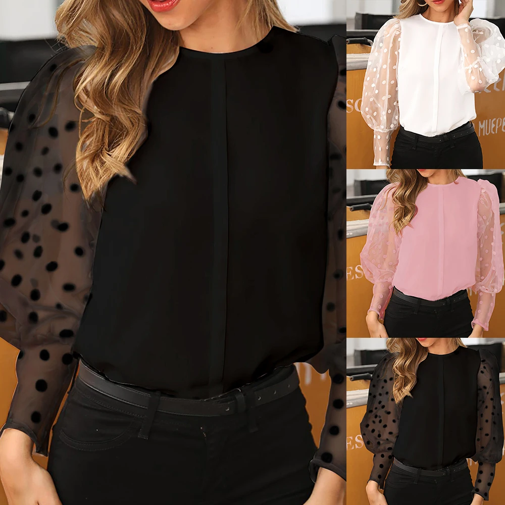 LASPERAL женские блузки с длинным рукавом из прозрачной сетки, сексуальные топы с рукавом-фонариком, винтажные топы с длинными рукавами в горошек, рубашки с круглым вырезом