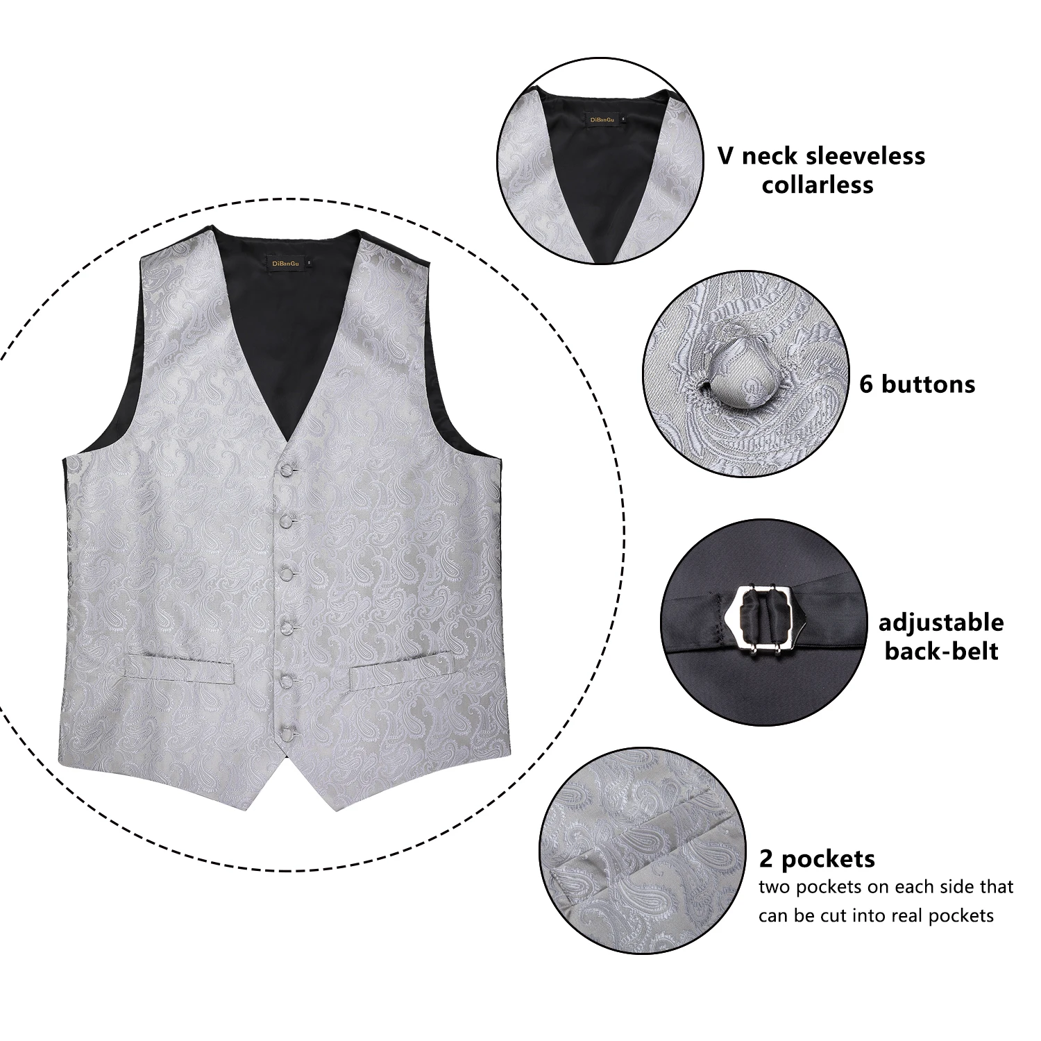 Men's Silver Paisley Fashion Wedding Men Silk Waistcoat Vest Bowties Hanky Cufflinks Cravat Set for Suit Tuxedo DiBanGu MJ-110 Men's Silver Paisley Fashion Wedding Men Silk Waistcoat Vest Bowties Hanky Cufflinks Cravat Set for Suit Tuxedo DiBanGu MJ-110