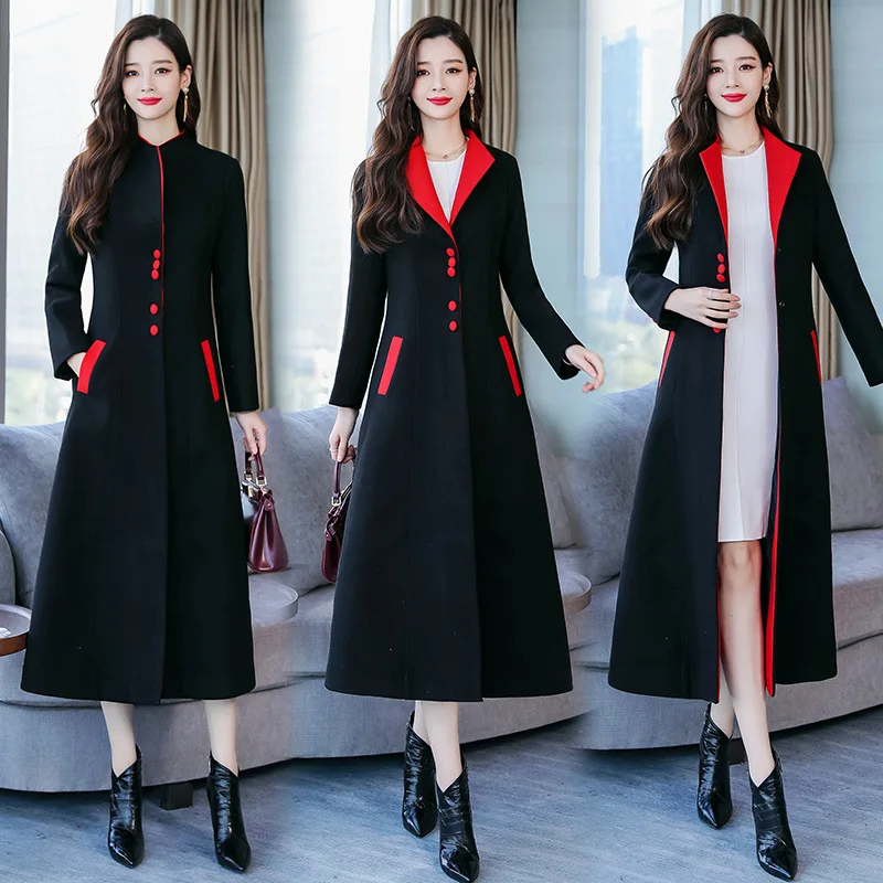 

French Retro Long over-the-Knee Woolen Coat Women's Woolen Jacket 2019 Autumn & Winter Hepburn Wind Stand Collar New Style Fashi