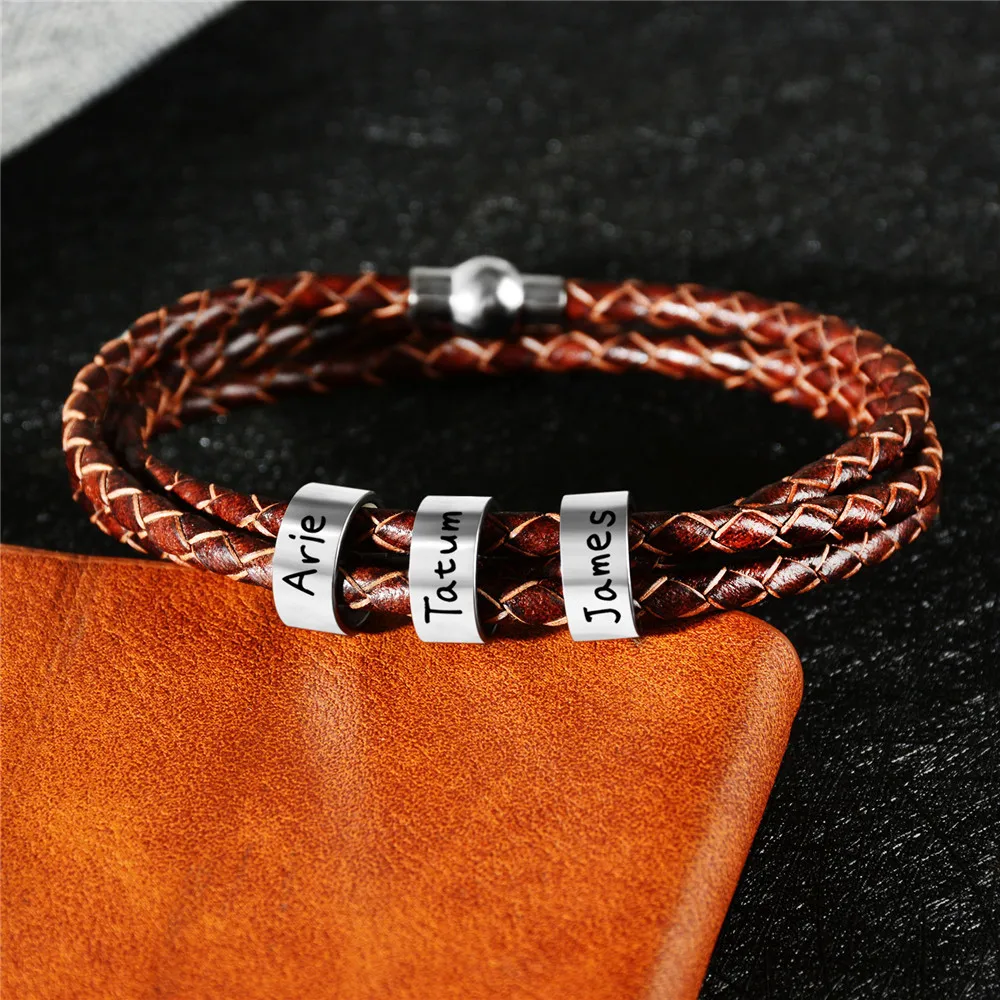 Personalized Jewelry Women Mens Stainless Steel Charm Bracelets Genuine Leather Braided Rope Custom With 1-9 Names Beads Gift