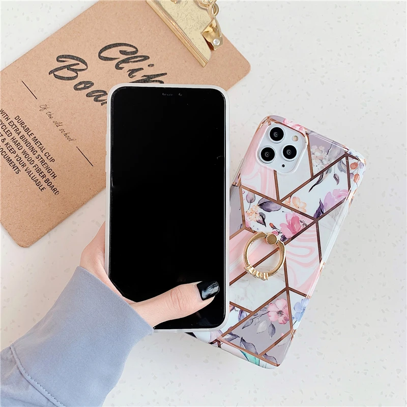 Чехол для телефона с золотыми цветами для Iphone 11 Pro Max X Xr XsMax 7 8 Plus, цветная мягкая задняя крышка IMD с кольцом