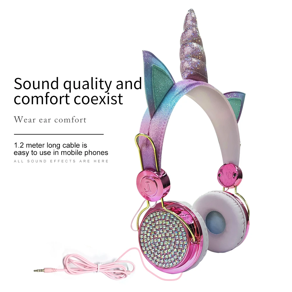 Cute Bling-Bling Unicorn Wired Headphone With Microphone