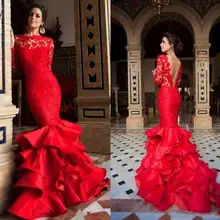 Красное платье для выпускного вечера с аппликацией, кружевное платье с длинным рукавом и открытой спиной, вечерние платья с юбкой с оборками на заказ