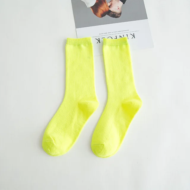 Solid color socks Ⅰ Middle tube Knitted Japanese Korea Loose Long Socks Women Pile Ins Soft Fashion girls Spring and Autumn L.Fluorescent Yellow