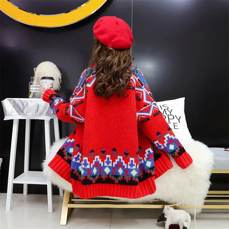 Красный Sweater Cardigan Women Loose Mid-Autumn Autumn New Geometric Elements Long Sleeve Thicken Warm Knit Jacket - Цвет: Красный