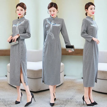 

Cheongsam Embroidery Women dress Spring National Wind Plaid Dresses 1189