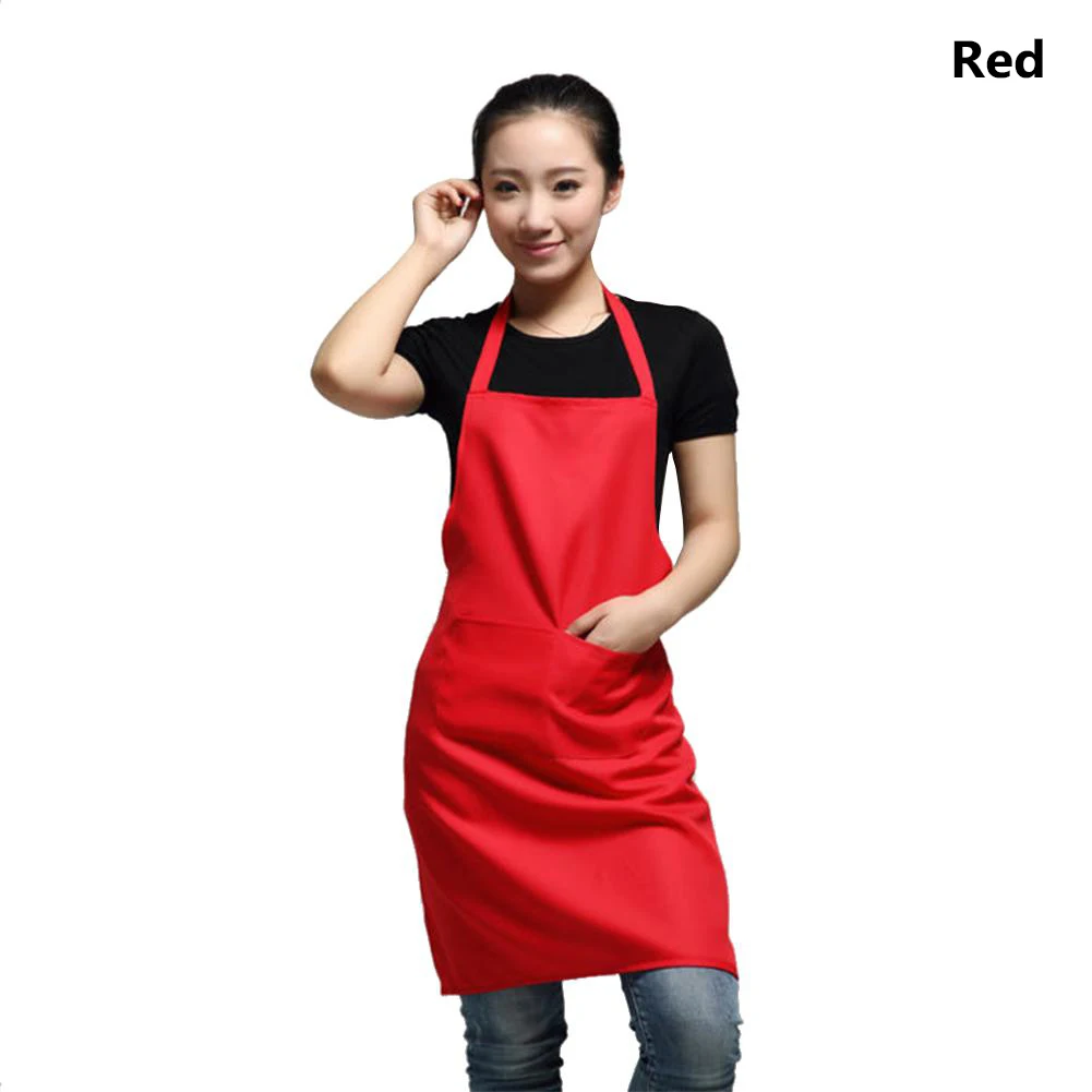 red color 2 Pure color Cooking Apron For Woman Men Cooking Thicken Household Cleaning Sleeveless Apron Cotton Polyester with Double Pocket - Цвет: red color 2