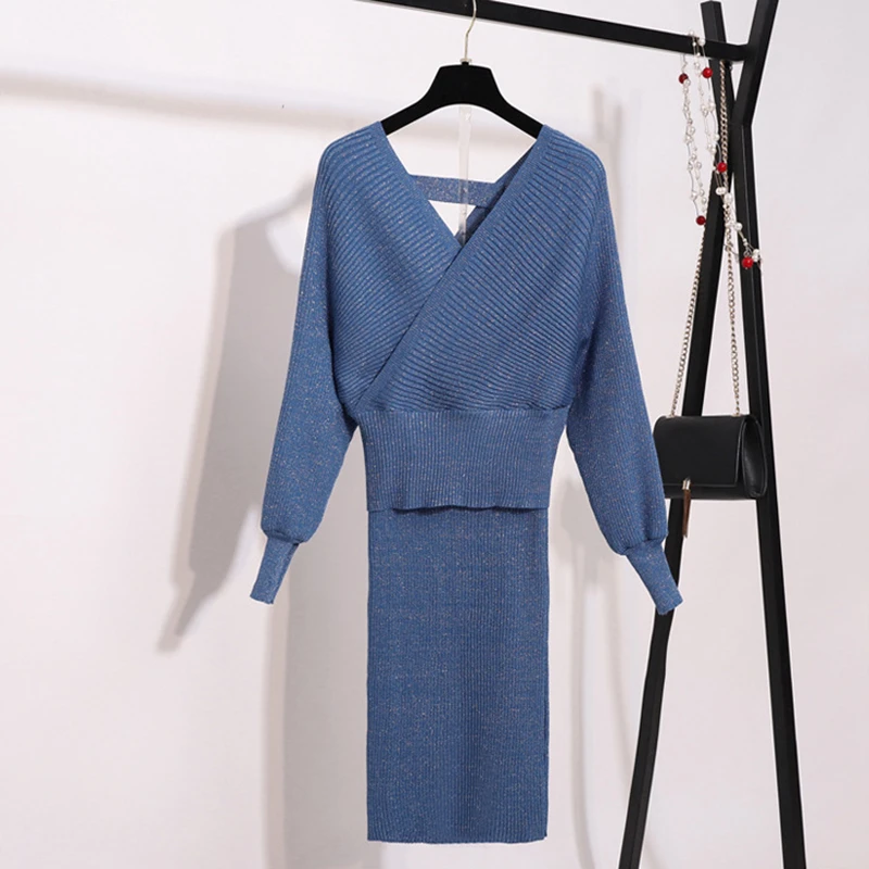 TWOTWINSTYLE вязаный комплект из двух предметов для женщин с v-образным вырезом Рубашки с рукавами-фонариками юбки с высокой талией женский костюм зима мода