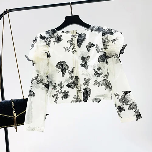 Neploe, винтажная женская блузка, 3D бабочка, вышивка, на молнии сзади, рубашки, осень, длинный рукав-фонарик, круглый вырез, пуловер, Blusas 55776 - Цвет: white