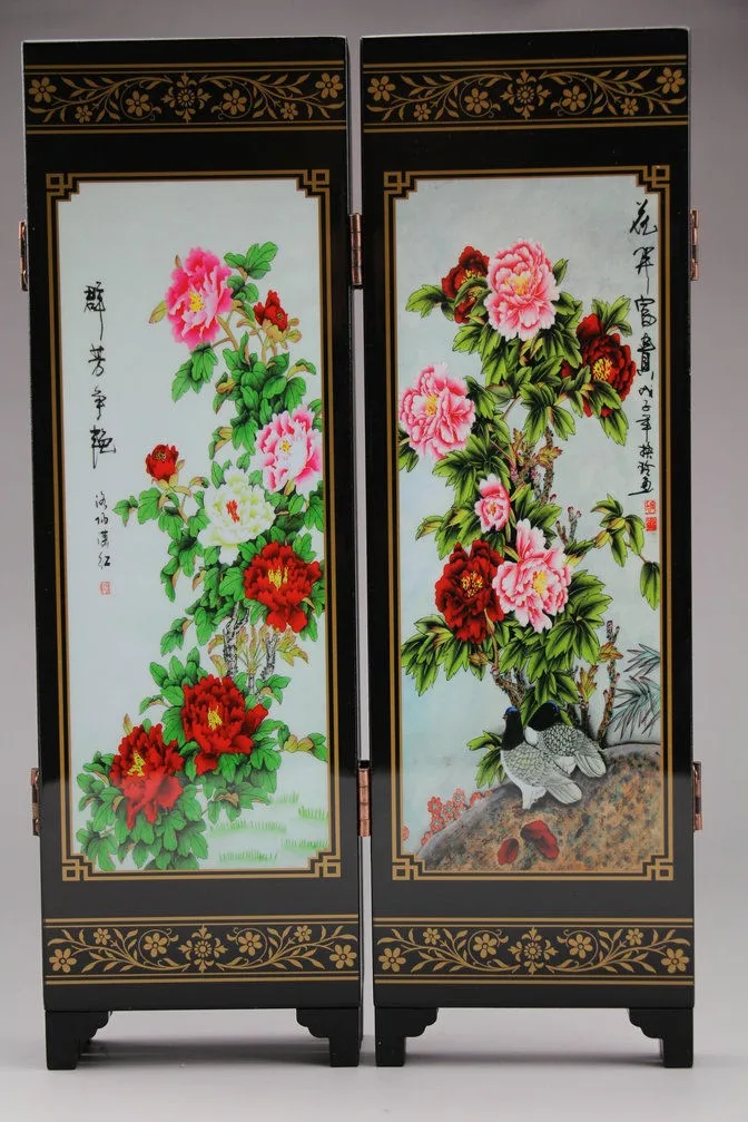 Chinese woodcarving screen lacquer peony flower calligraphy and painting decorative crafts room divider screen,wooden wall panels