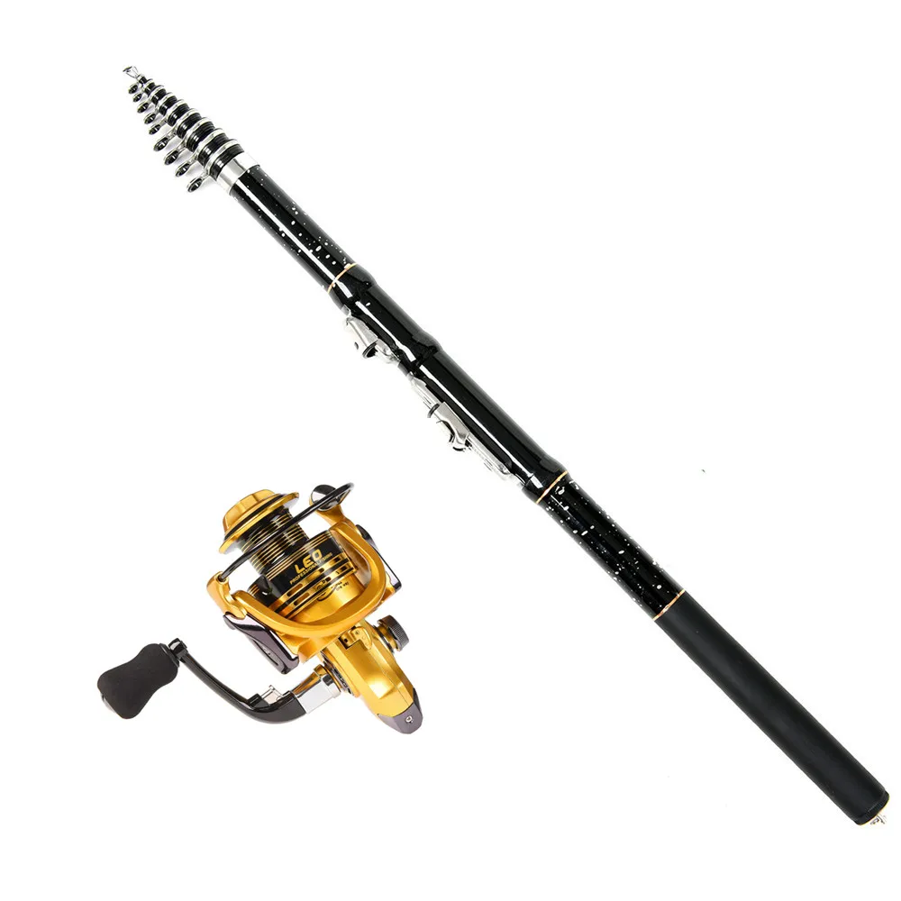 2019 1.8M-3.6M Black Star print Carbon Fiber Fishing Telescopic Rod Reel Combo Kit Spinning Fast Action Hard Pole Metal Wheel