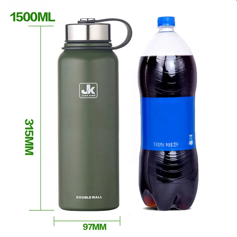 1500ml Green Логотип на заказ большой емкости нержавеющей Seel термос колба Открытый Портативный Спорт Вакуумная бутылка для воды с ручкой - Цвет: 1500ml Green
