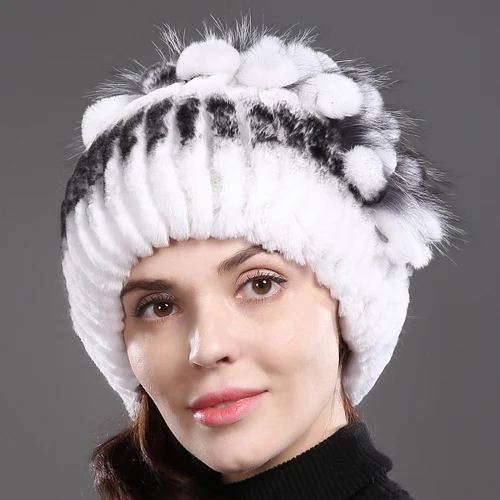color 3 Стиль женский Настоящий мех кролика Skullies шапки Роскошные вязаные цветы натуральная шапка из меха кролика рекс зимние натуральный мех шапочки - Цвет: color 3