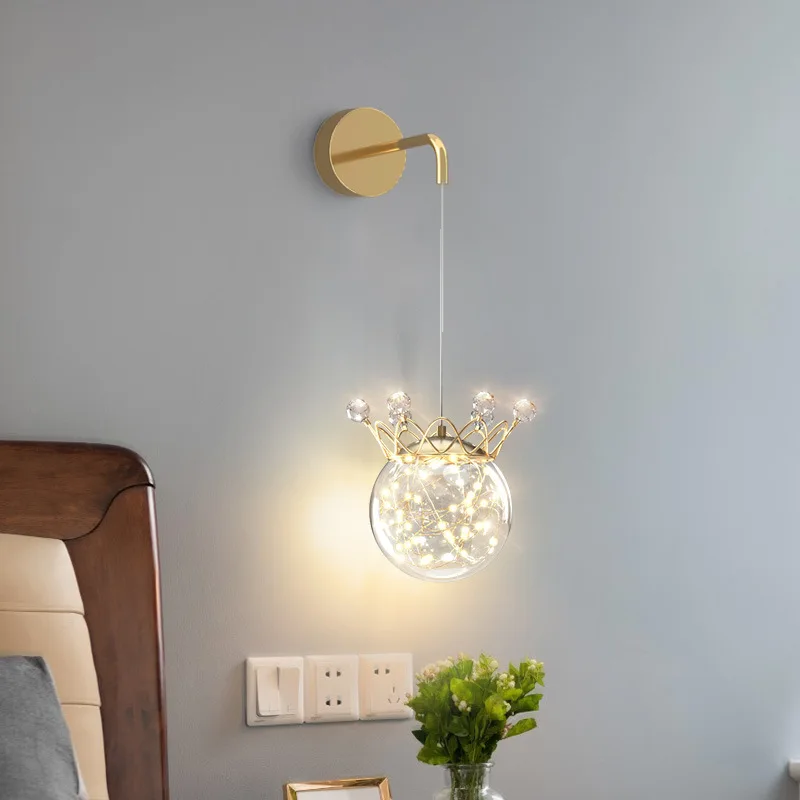 Nordic Crystal Crown Hanging Wall Light with Gypsophila AC 220V LED Bedroom Bedside Lamp for Children Kids Baby Girl Room | Лампы и