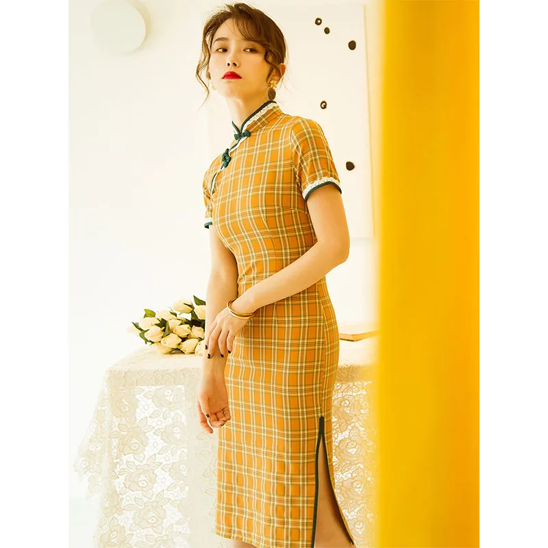 

Yellow Plaid Green Button Knee Length Dresses Short Sleeve Cheongsam Dress Female Classic Modern Qipao Cotton Chinese Dress