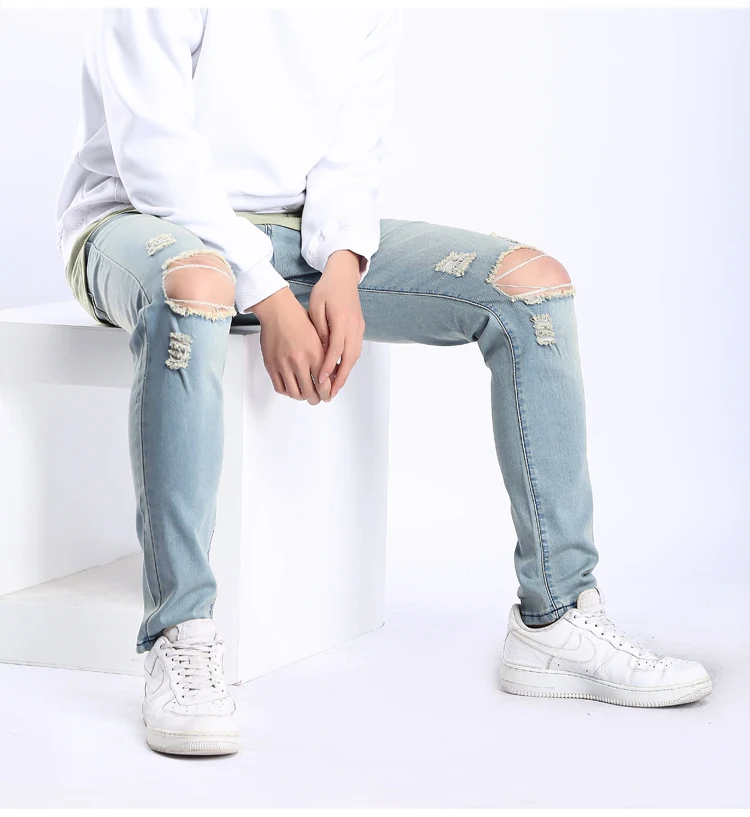 High Street Hip Hop Style Jeans Men Skinny Slim Denim Pencil Pants Men Fashion Casual Cotton High Quality Stretch Hole Jeans