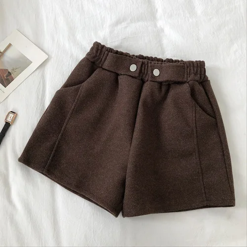 Dark Brown Neploe облегающие шорты с эластичной резинкой на пуговицах, широкие шорты для женщин, однотонная Повседневная осенне-зимняя верхняя одежда, Короткие свободные базовые шорты 48410 - Цвет: Dark Brown