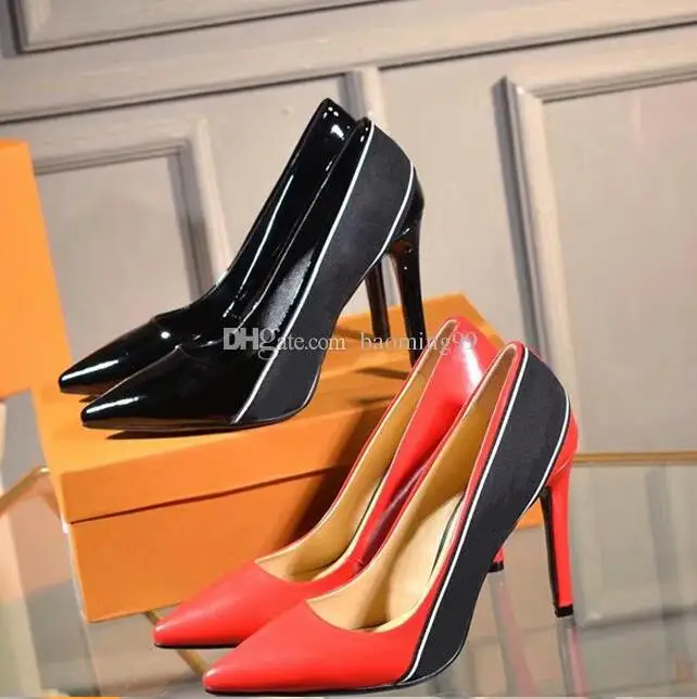 

Fashion women shoes Patent Leather Grosgrain Sylvie Webbing Decorative designer high heels 10cm Red Pointed Toes Pumps Dress