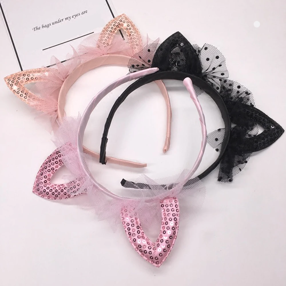 Diadema de hilo de Oreja de Gato para niña, cinta para el pelo de Color sólido, diadema de princesa Kawaii con lentejuelas
