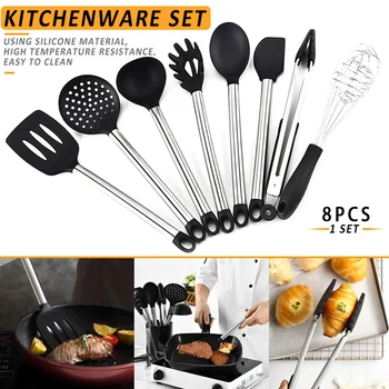 

HOT 8Pcs/set Silicone Kitchenware Nonstick Stainless Steel Handle Turner Shovel Soup Spoon Cooking Tools Set NDS