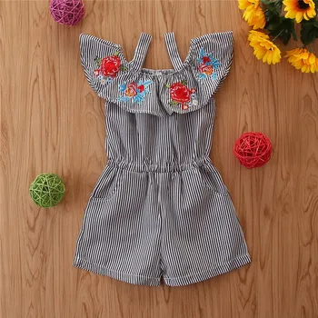 

Girls Short Pants Jumpsuit Clothes 2020 New Middle and Small Children Casual Pants 1-3 Girls Baby Stripes Embroidered Jumpsuit