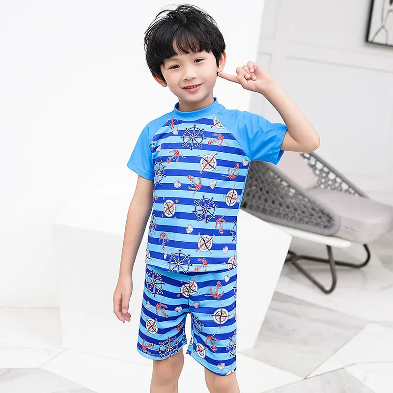 

Navy Stripes Boxer Split Type Two-Piece Set with Swim Cap Korean-style KID'S Swimwear Swimsuit for Boys Hot Springs Children